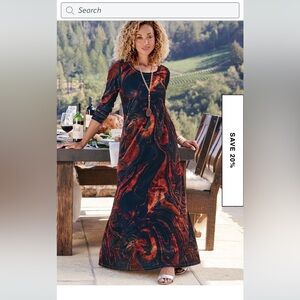 Soft Surroundings Black and Orange Santiago Stretch Velvet Maxi Dress